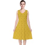 Yellow Floral Pattern Vintage Pattern, Yellow Background V-Neck Midi Sleeveless Dress 