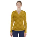 Yellow Floral Pattern Vintage Pattern, Yellow Background V-Neck Long Sleeve Top