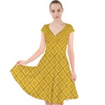 Yellow Floral Pattern Vintage Pattern, Yellow Background Cap Sleeve Front Wrap Midi Dress