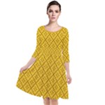 Yellow Floral Pattern Vintage Pattern, Yellow Background Quarter Sleeve Waist Band Dress