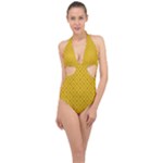 Yellow Floral Pattern Vintage Pattern, Yellow Background Halter Front Plunge Swimsuit
