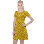 Yellow Floral Pattern Vintage Pattern, Yellow Background Cap Sleeve Velour Dress 