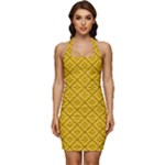 Yellow Floral Pattern Vintage Pattern, Yellow Background Sleeveless Wide Square Neckline Ruched Bodycon Dress