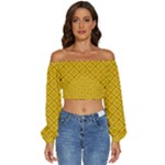 Yellow Floral Pattern Vintage Pattern, Yellow Background Long Sleeve Crinkled Weave Crop Top
