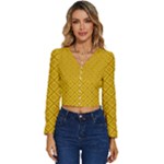 Yellow Floral Pattern Vintage Pattern, Yellow Background Long Sleeve V-Neck Top