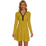 Yellow Floral Pattern Vintage Pattern, Yellow Background Long Sleeve Deep V Mini Dress 