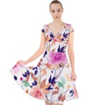 Abstract Floral Background Cap Sleeve Front Wrap Midi Dress