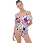Abstract Floral Background Frill Detail One Piece Swimsuit