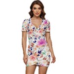 Abstract Floral Background Low Cut Cap Sleeve Mini Dress