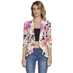 Abstract Floral Background Women s 3/4 Sleeve Ruffle Edge Open Front Jacket