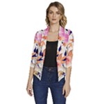 Abstract Floral Background Women s Draped Front 3/4 Sleeve Shawl Collar Jacket