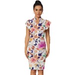 Abstract Floral Background Vintage Frill Sleeve V-Neck Bodycon Dress