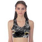 Black Background With Gray Flowers, Floral Black Texture Fitness Sports Bra