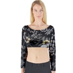 Black Background With Gray Flowers, Floral Black Texture Long Sleeve Crop Top