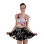Black Background With Gray Flowers, Floral Black Texture Mini Skirt