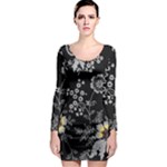 Black Background With Gray Flowers, Floral Black Texture Long Sleeve Bodycon Dress