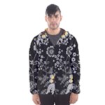 Black Background With Gray Flowers, Floral Black Texture Men s Hooded Windbreaker