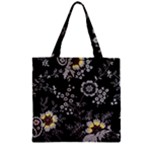 Black Background With Gray Flowers, Floral Black Texture Zipper Grocery Tote Bag