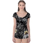 Black Background With Gray Flowers, Floral Black Texture Boyleg Leotard 