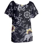 Black Background With Gray Flowers, Floral Black Texture Women s Oversized T-Shirt
