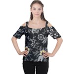 Black Background With Gray Flowers, Floral Black Texture Cutout Shoulder T-Shirt