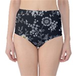 Black Background With Gray Flowers, Floral Black Texture Classic High-Waist Bikini Bottoms