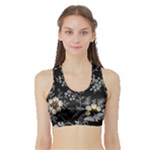 Black Background With Gray Flowers, Floral Black Texture Sports Bra with Border
