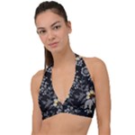 Black Background With Gray Flowers, Floral Black Texture Halter Plunge Bikini Top