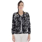 Black Background With Gray Flowers, Floral Black Texture Women s Windbreaker
