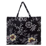 Black Background With Gray Flowers, Floral Black Texture Zipper Large Tote Bag