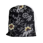 Black Background With Gray Flowers, Floral Black Texture Drawstring Pouch (2XL)