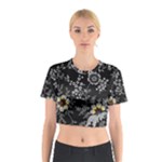 Black Background With Gray Flowers, Floral Black Texture Cotton Crop Top