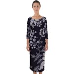 Black Background With Gray Flowers, Floral Black Texture Quarter Sleeve Midi Bodycon Dress