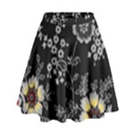 Black Background With Gray Flowers, Floral Black Texture High Waist Skirt