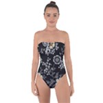 Black Background With Gray Flowers, Floral Black Texture Tie Back One Piece Swimsuit