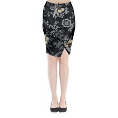 Black Background With Gray Flowers, Floral Black Texture Midi Wrap Pencil Skirt from UrbanLoad.com
