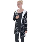 Black Background With Gray Flowers, Floral Black Texture Longline Hooded Cardigan