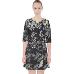 Black Background With Gray Flowers, Floral Black Texture Quarter Sleeve Pocket Dress