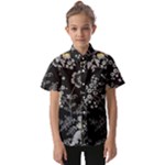 Black Background With Gray Flowers, Floral Black Texture Kids  Short Sleeve Shirt
