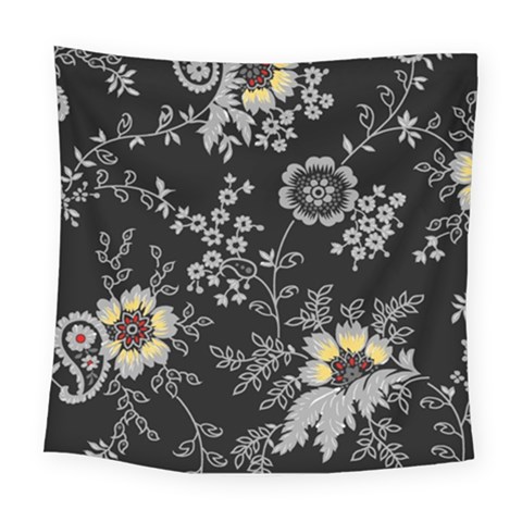 Black Background With Gray Flowers, Floral Black Texture Square Tapestry (Large) from UrbanLoad.com