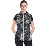 Black Background With Gray Flowers, Floral Black Texture Women s Puffer Vest