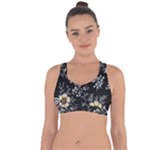 Black Background With Gray Flowers, Floral Black Texture Cross String Back Sports Bra