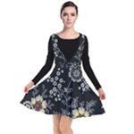 Black Background With Gray Flowers, Floral Black Texture Plunge Pinafore Dress