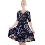 Black Background With Gray Flowers, Floral Black Texture Quarter Sleeve A-Line Dress