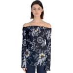 Black Background With Gray Flowers, Floral Black Texture Off Shoulder Long Sleeve Top