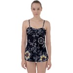 Black Background With Gray Flowers, Floral Black Texture Babydoll Tankini Set