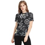 Black Background With Gray Flowers, Floral Black Texture Women s Short Sleeve Rash Guard
