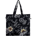 Black Background With Gray Flowers, Floral Black Texture Canvas Travel Bag