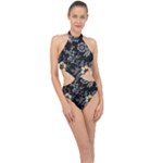 Black Background With Gray Flowers, Floral Black Texture Halter Side Cut Swimsuit
