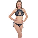 Black Background With Gray Flowers, Floral Black Texture Cross Front Halter Bikini Set